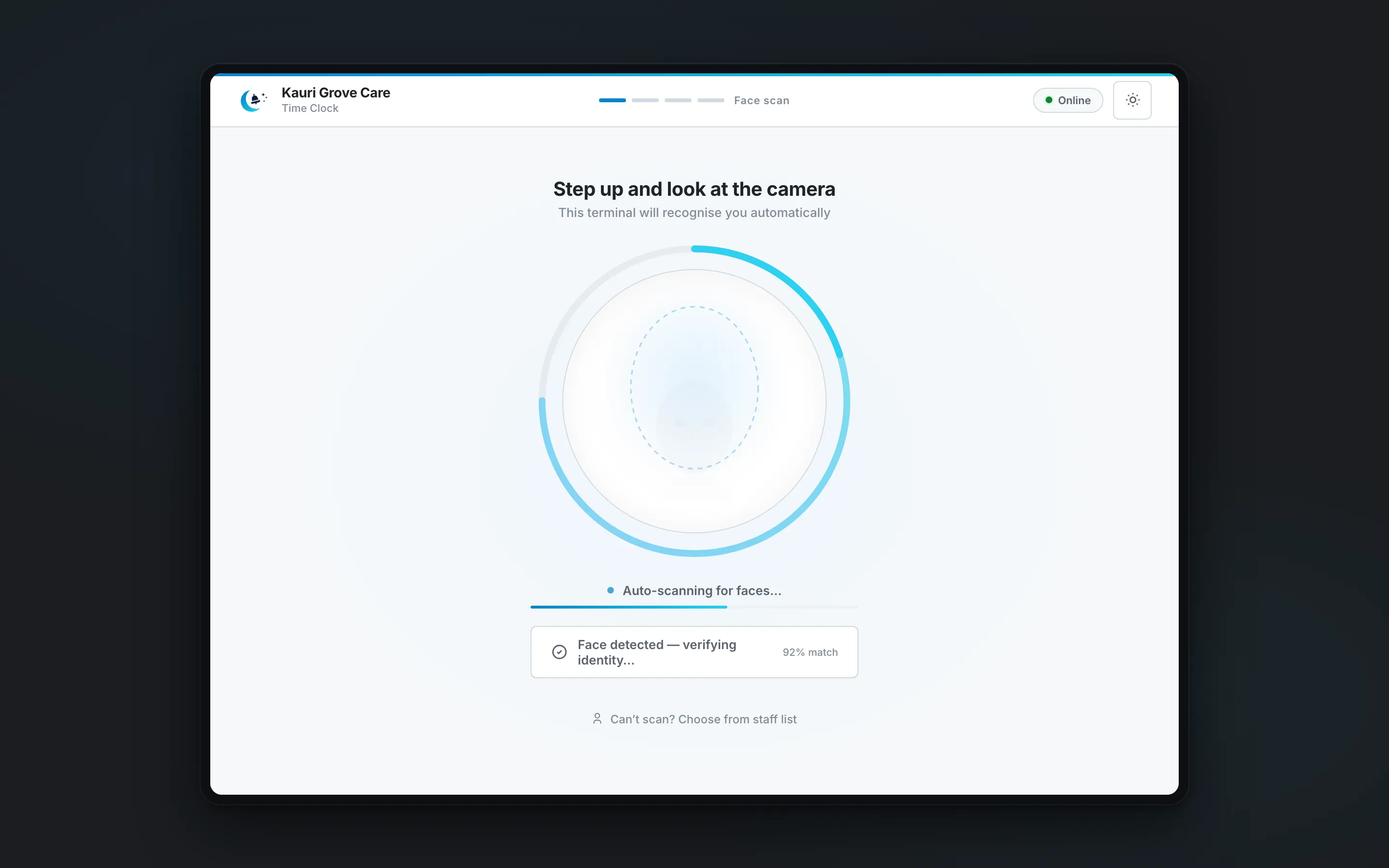 Moonbell kiosk: AI face-scan clock-in showing a 92% recognition match.