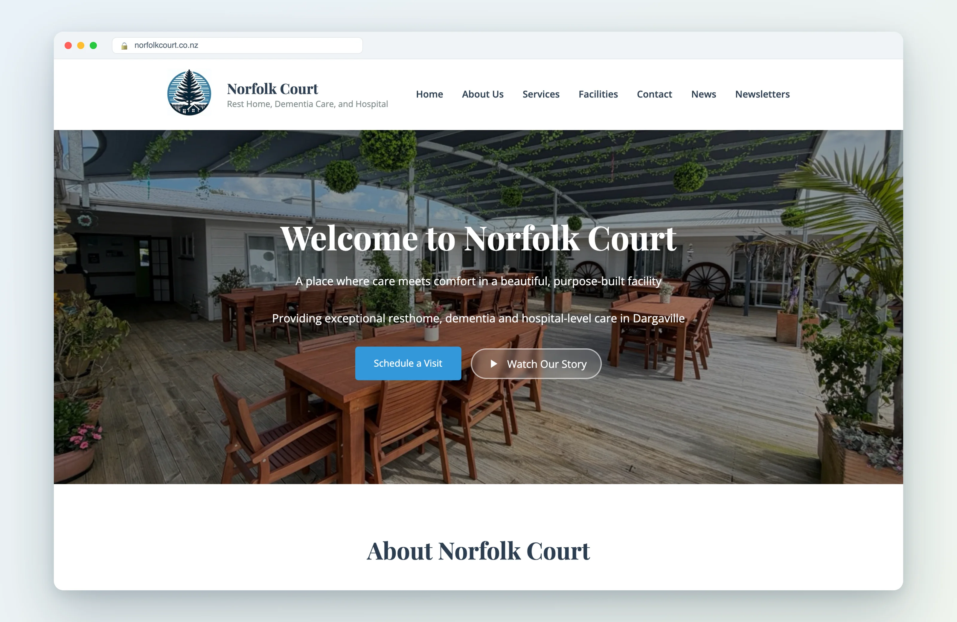 The Norfolk Court home page in a browser window: a photo of the facility with a 'Welcome to Norfolk Court' hero and Schedule a Visit / Watch Our Story buttons.